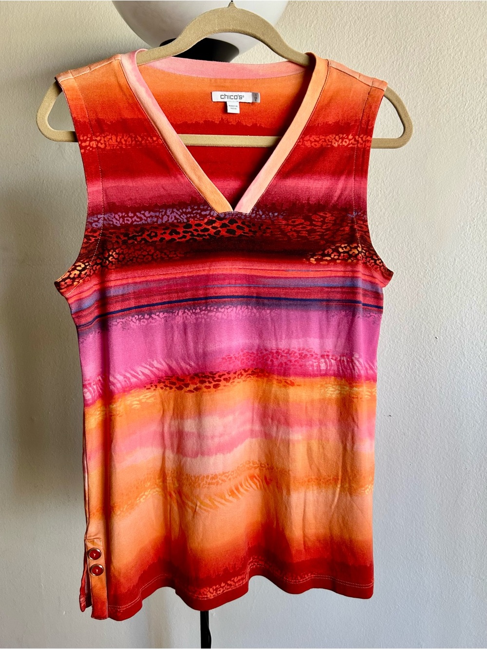 Chico's Sleeveless V-Neck Stripe Tank in Red Pink Orange